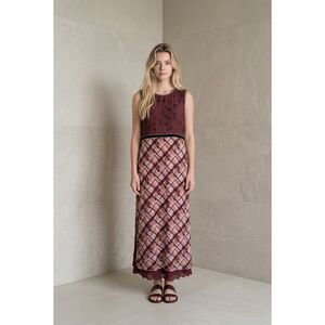 Zara Limited Edition Burgundy Printed Maxi Dress Boho Punk Beaded Sheer Layers S